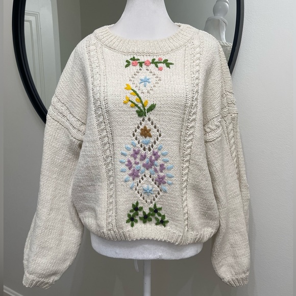 Pol Sweaters - POL Cottagecore Embroidered Floral Knit Sweater Cozy Folk Boho Size XS